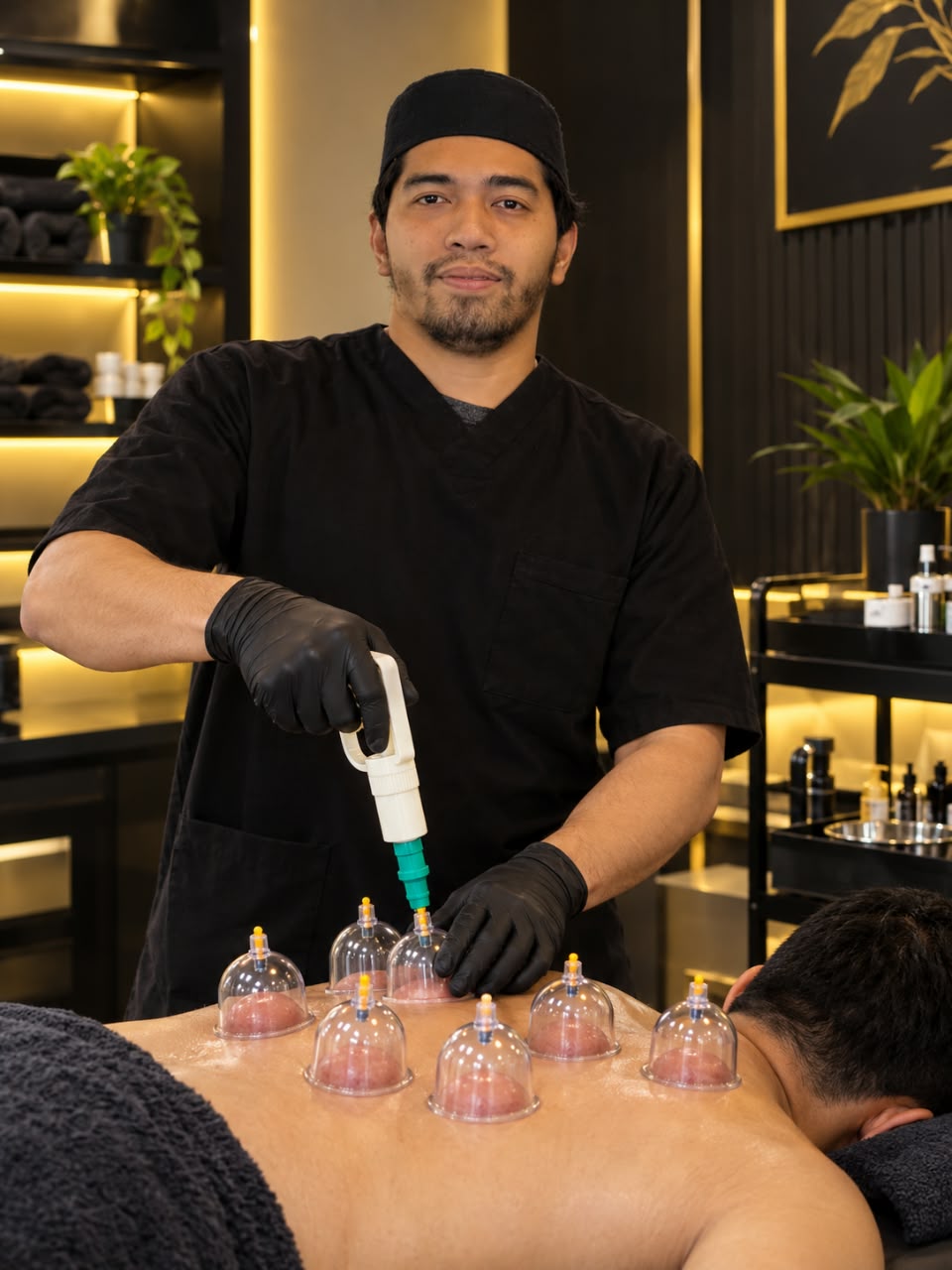 Sesi bekam dengan cawan bekam diletakkan pada belakang badan